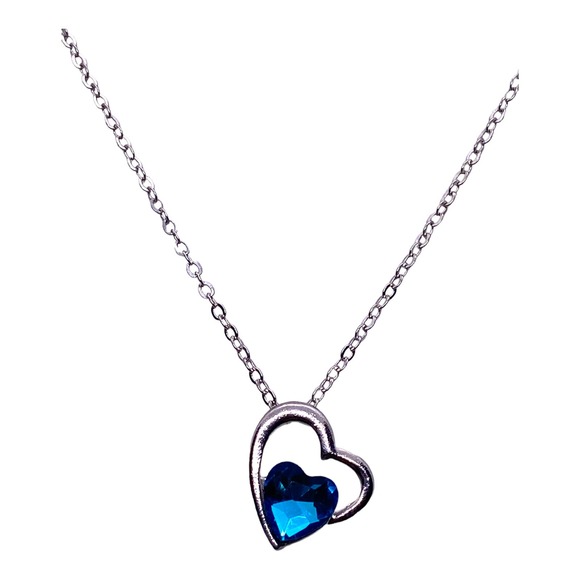 Imitation Silver Blue Topaz Rhinestone Gemstone Two Hearts In One Necklace - Picture 1 of 6